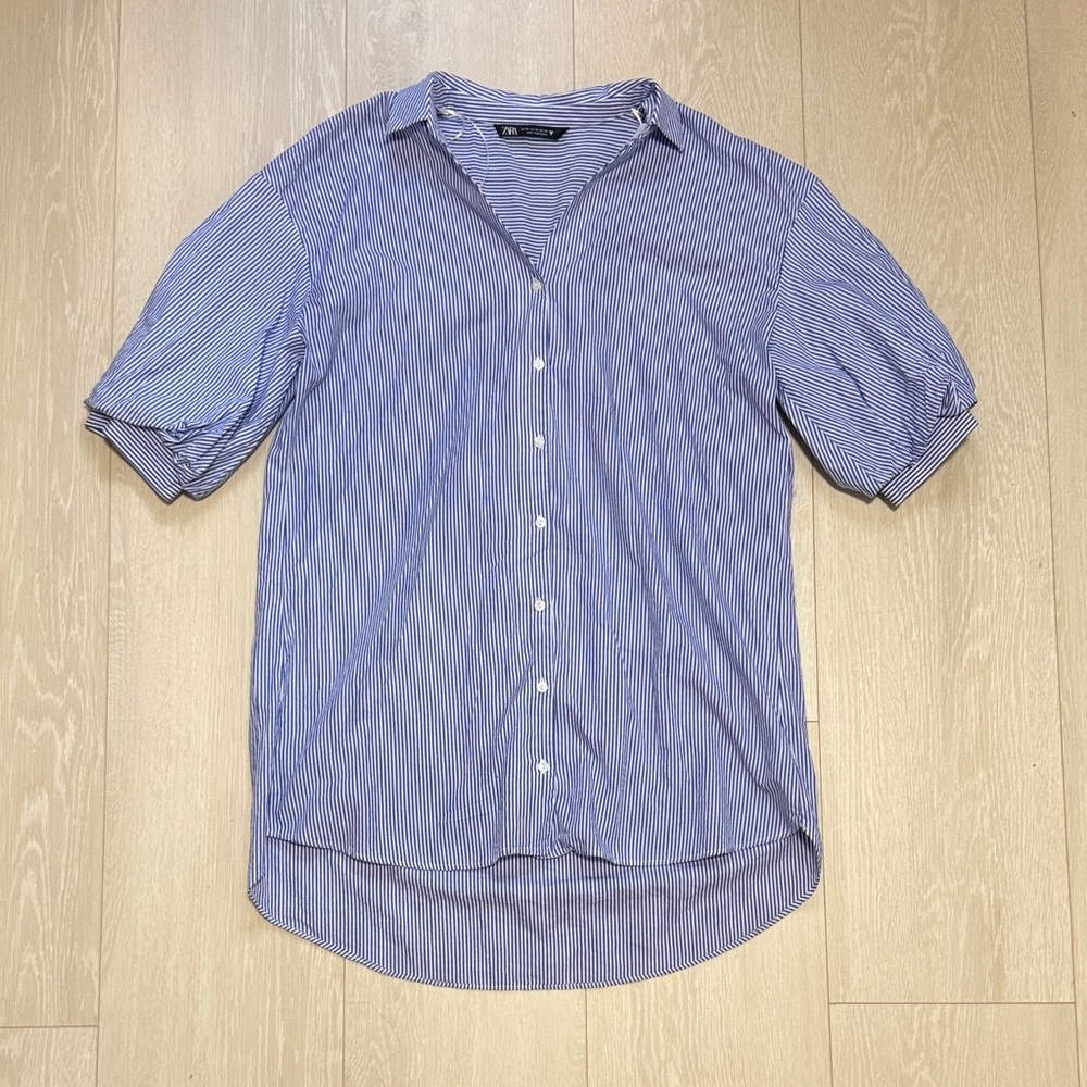 Zara Women's Blue Striped Button Down Puffed Sleeve Shirt - Picture 2 of 8